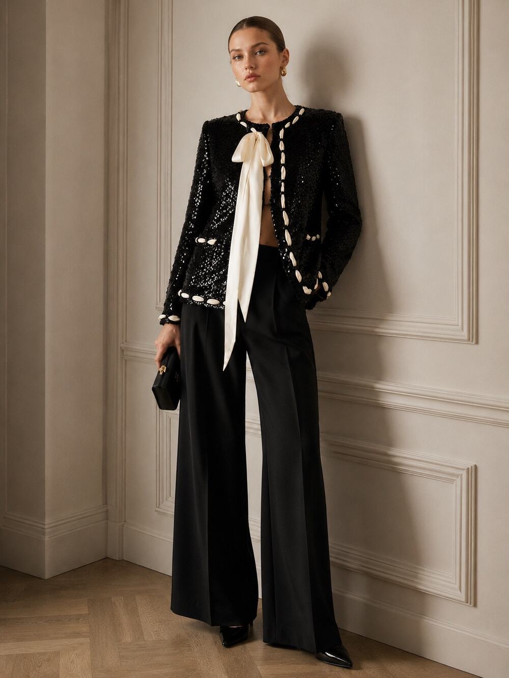 LOVESHACKFANCY Rosina Sequined Jacket Size 8 Black Bow Coquette Holiday MRSP$625